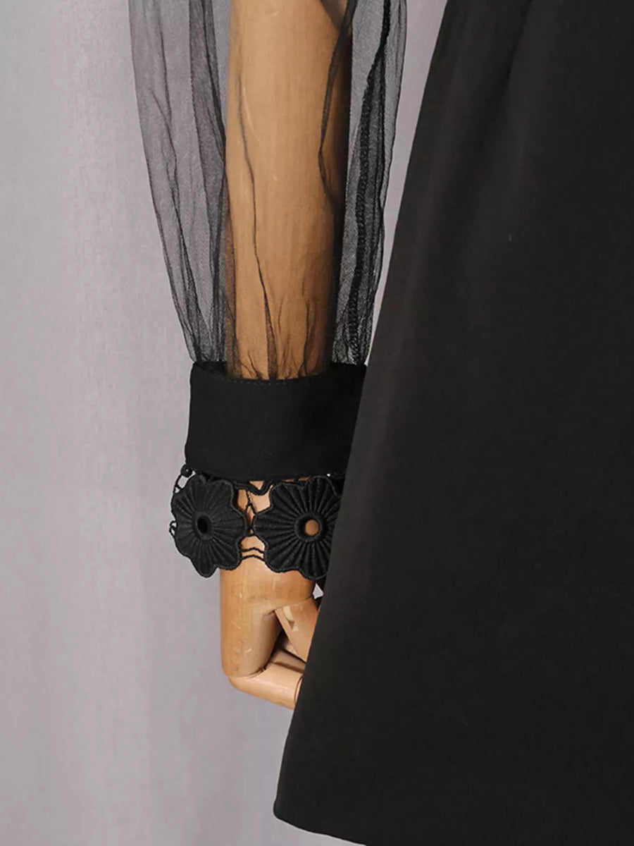 Lace Sheer Sleeve Mini Dress in Black, view 16