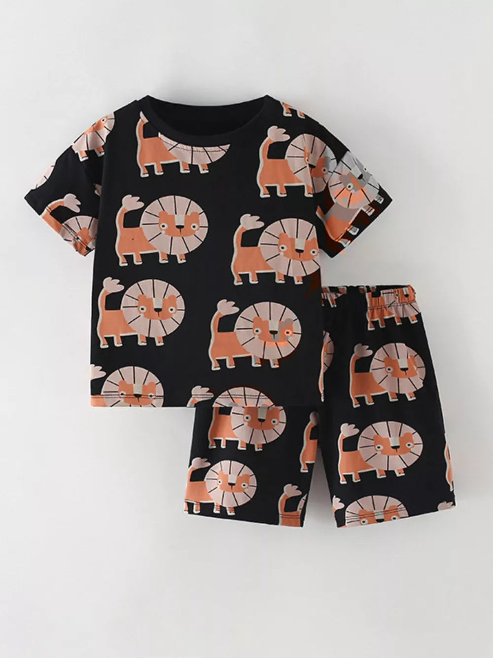 Black cotton blend baby tee and shorts set with playful lion print, crew neck.