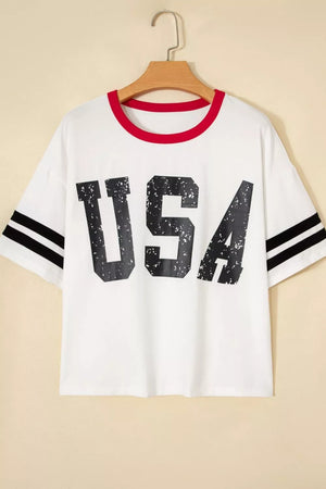 White cotton crew neck t-shirt with distressed USA graphic and striped sleeves