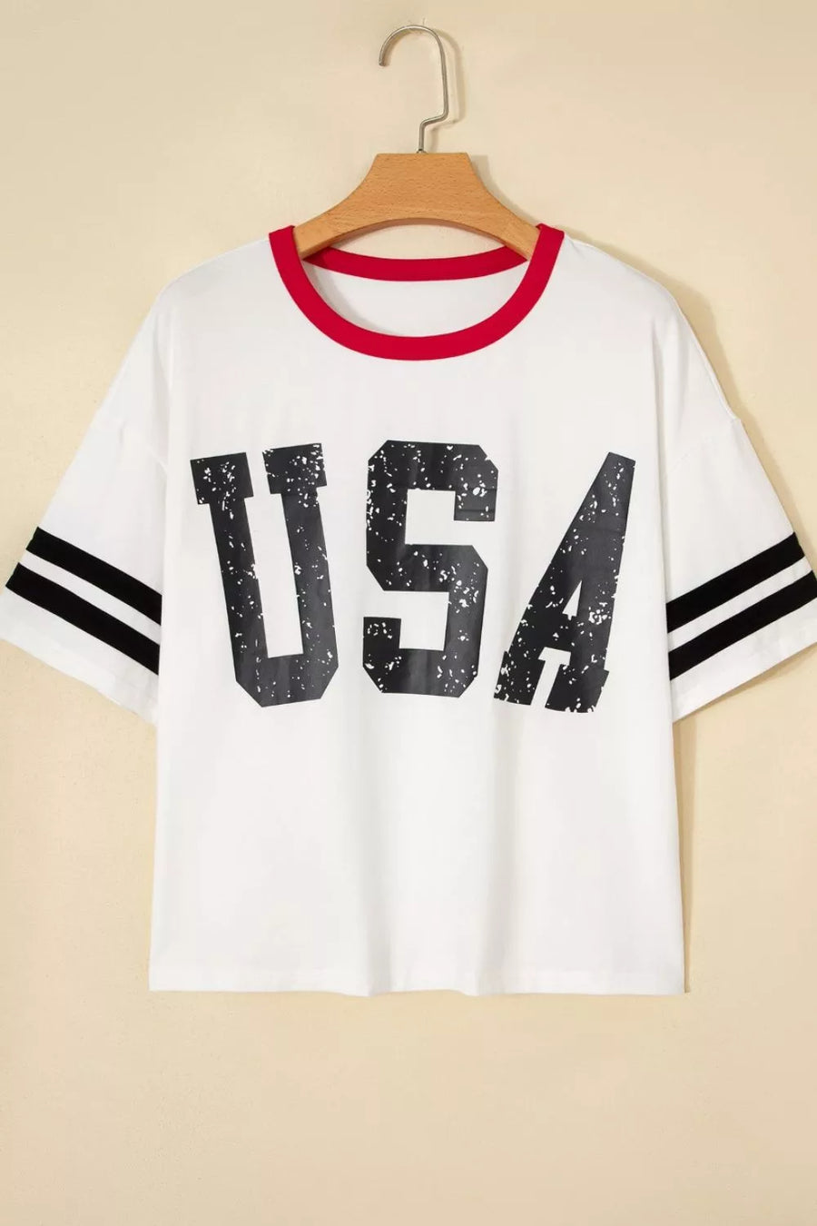 White cotton crew neck t-shirt with distressed USA graphic and striped sleeves