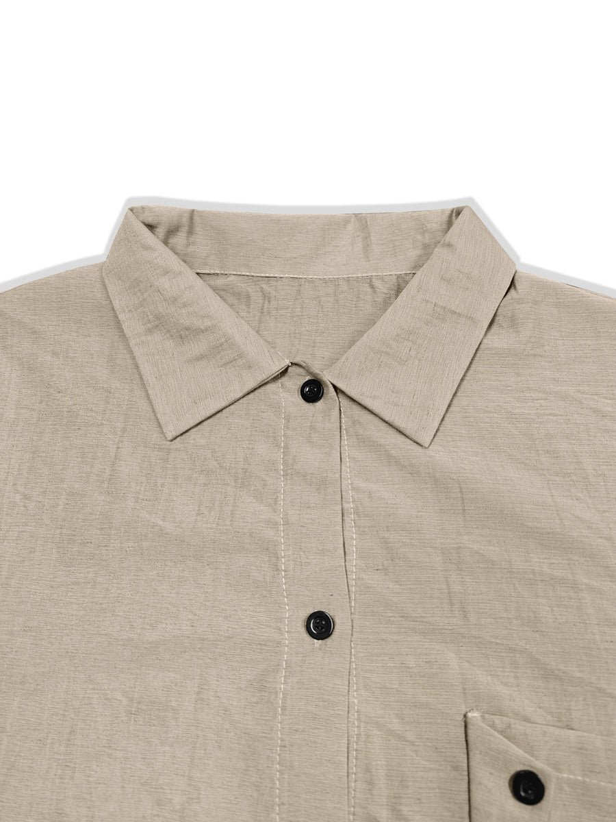 100% polyester Care instructions: Machine wash cold button-down shirt in Khaki Color with relaxed silhouette