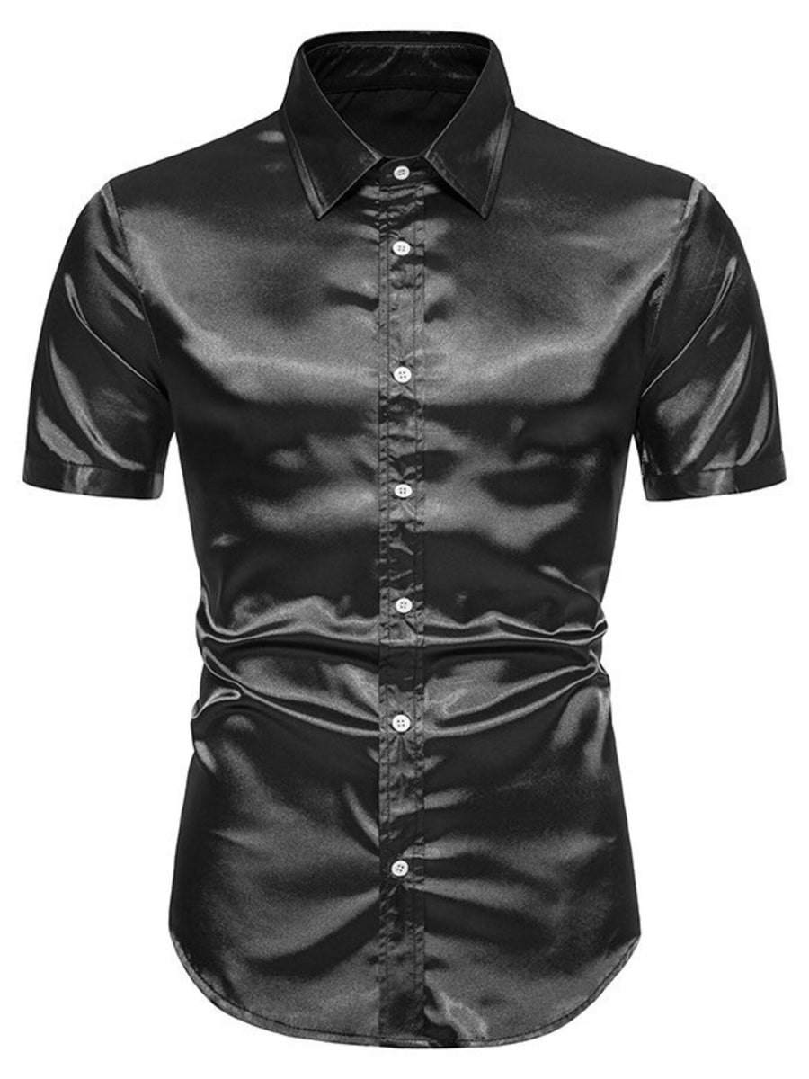 Men's black satin finish short sleeve button-up shirt with a collared neckline.