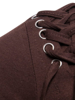 Brown cotton t-shirt with grommet and lace-up detail on shoulder.