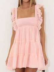 Pink ruffled square neck mini dress with tiered skirt