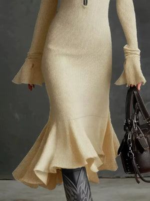 Apricot sweater dress with zipper and bell sleeve