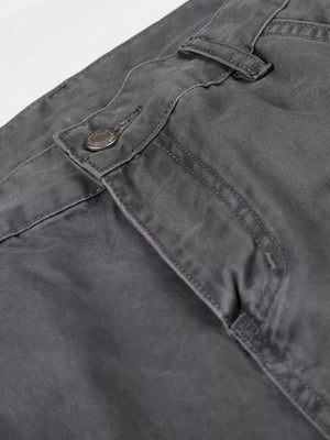 Men's relaxed fit grey cotton cargo capris with button closure detail.