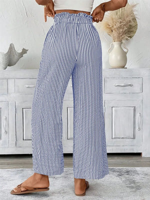 Blue striped paper bag maternity pants with a ruffled waist and wide leg