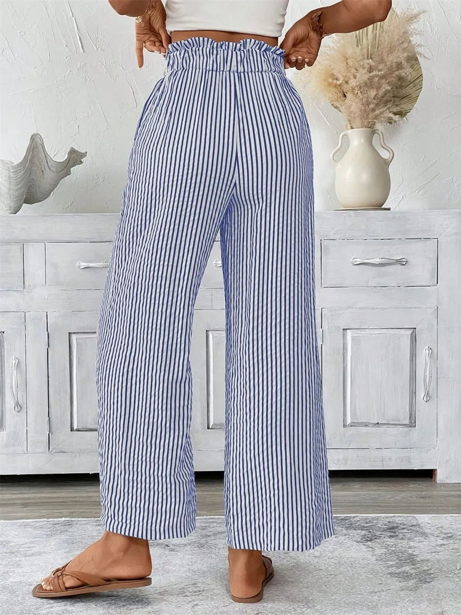 Blue striped paper bag maternity pants with a ruffled waist and wide leg