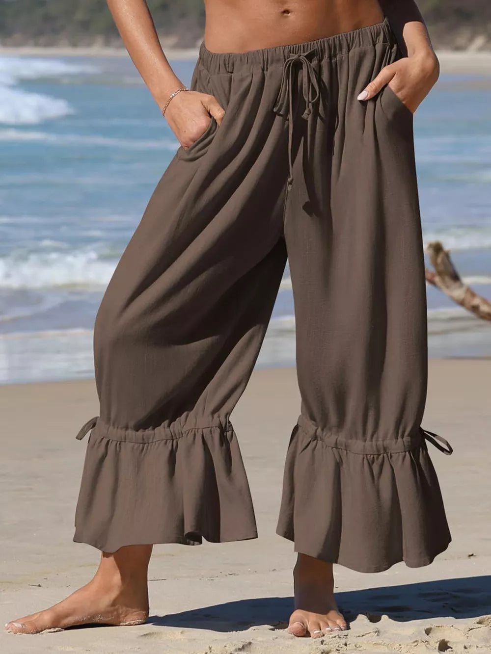 wide-leg pants in Watermelon Red with tied and cropped