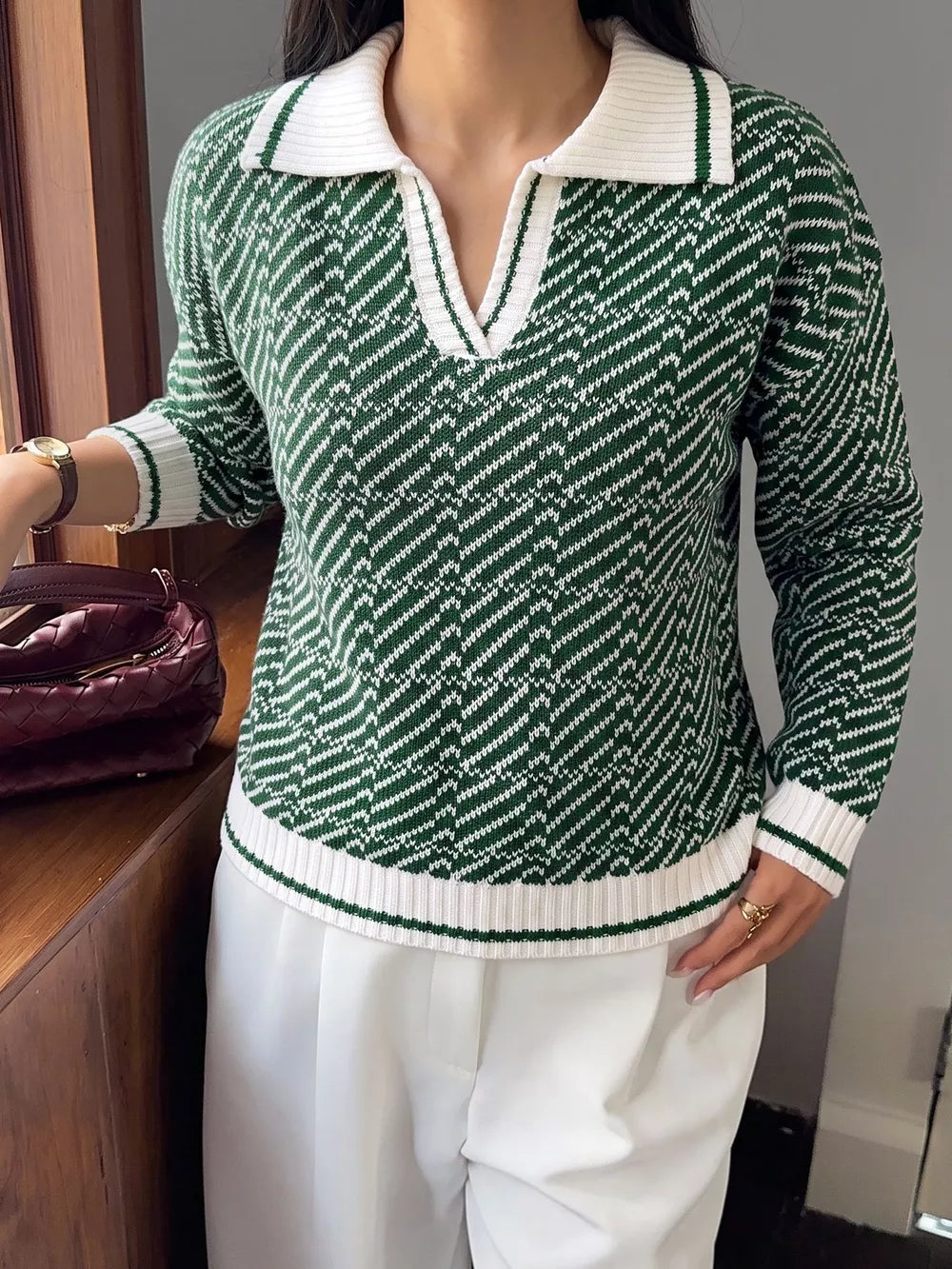 Green Geometric Patterned Collared Sweater