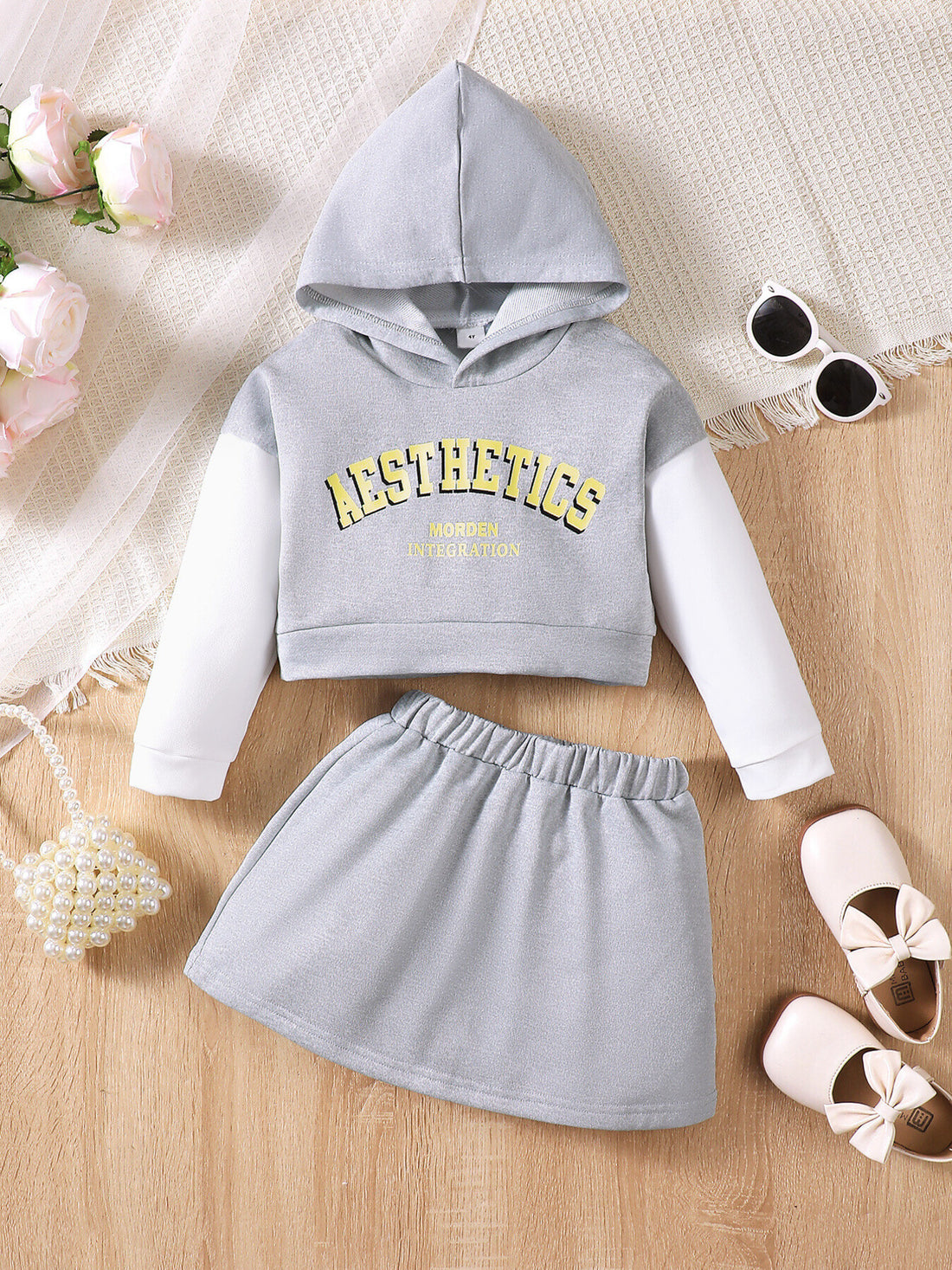 light gray hoodie and skirt set with color-block and hooded