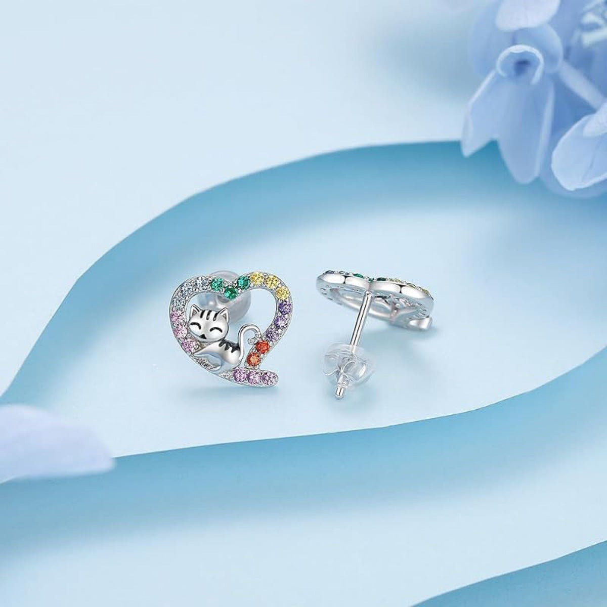 Sterling heart cat stud earrings with colorful gems