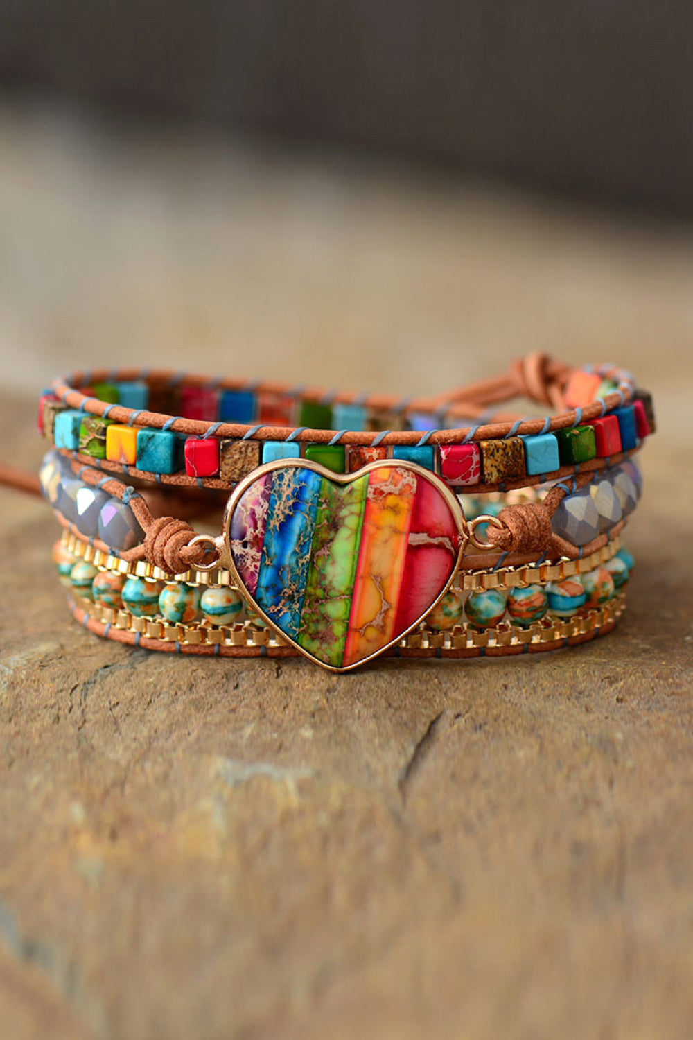 Multicolor heart stone wrap bracelet with beads and leather cord.