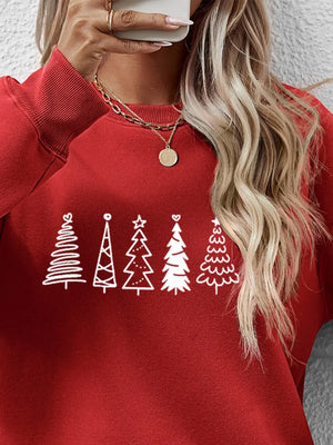 Festive Tree Line Oversized Sweatshirt in Deep Red with white graphic trees.