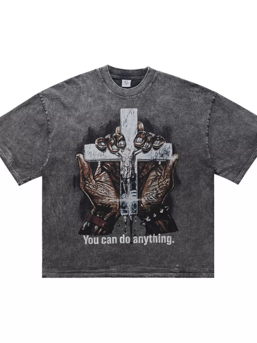 Vintage-inspired graphic t-shirt in acid-wash silver gray with crew neck and a cross graphic.