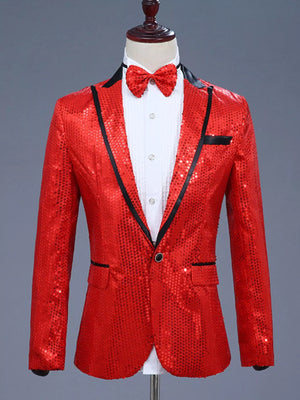 Red sequin one button blazer with black trim and lapels, worn with a white shirt and red bow tie.