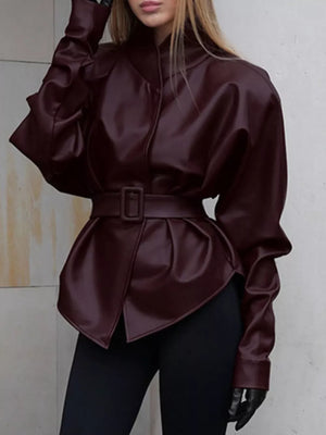 Stand Collar Belted Faux Leather Jacket option 10