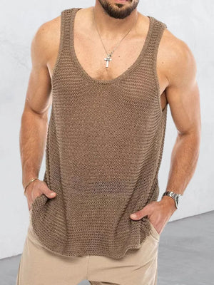 Open-knit scoop neck tank top in taupe acrylic with deep neckline.