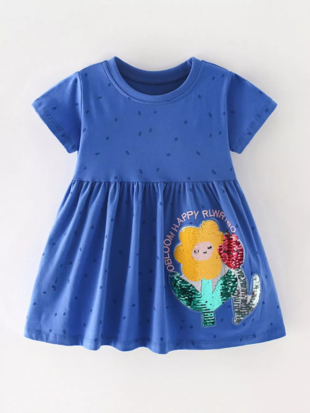 Blue cotton blend toddler dress with sequin flower applique and polka dot print.