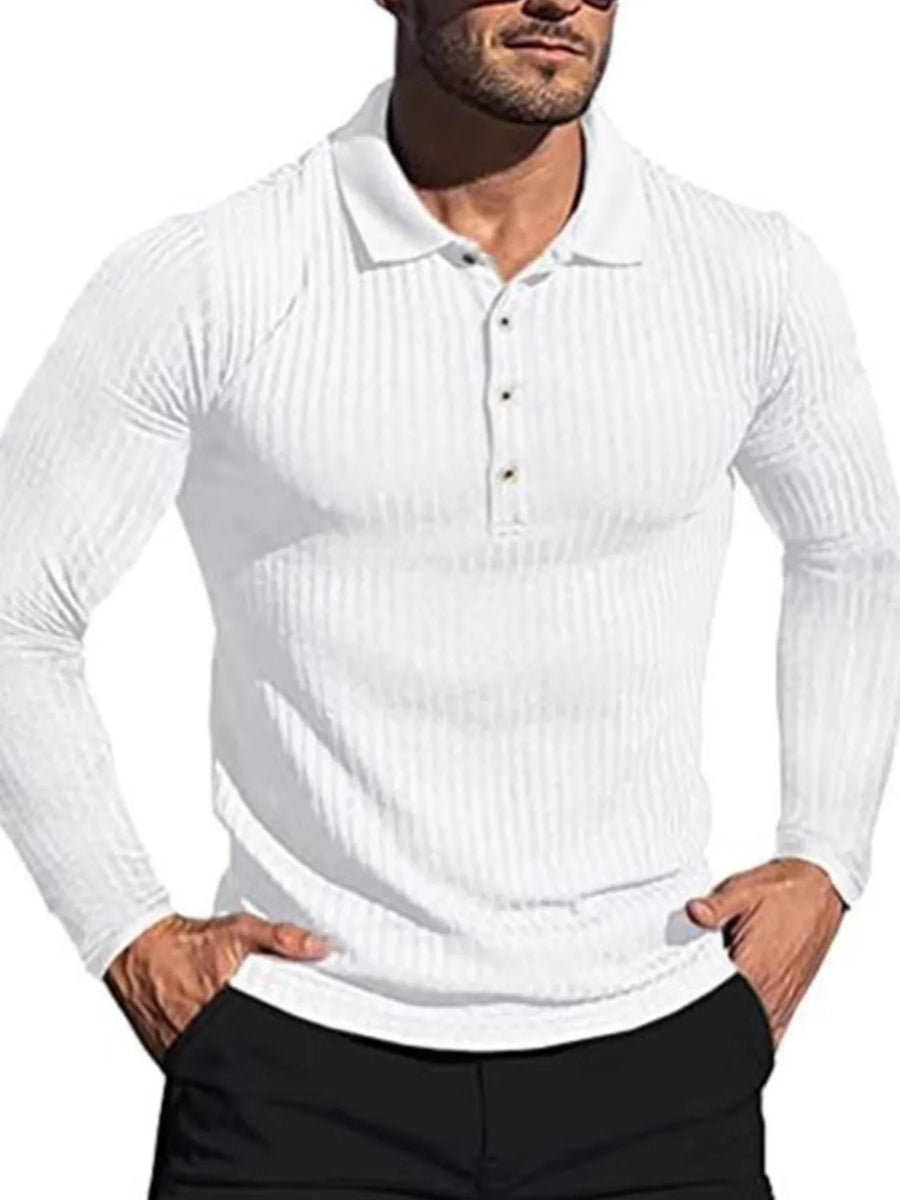 White long sleeve ribbed polo shirt with a sculpted fit