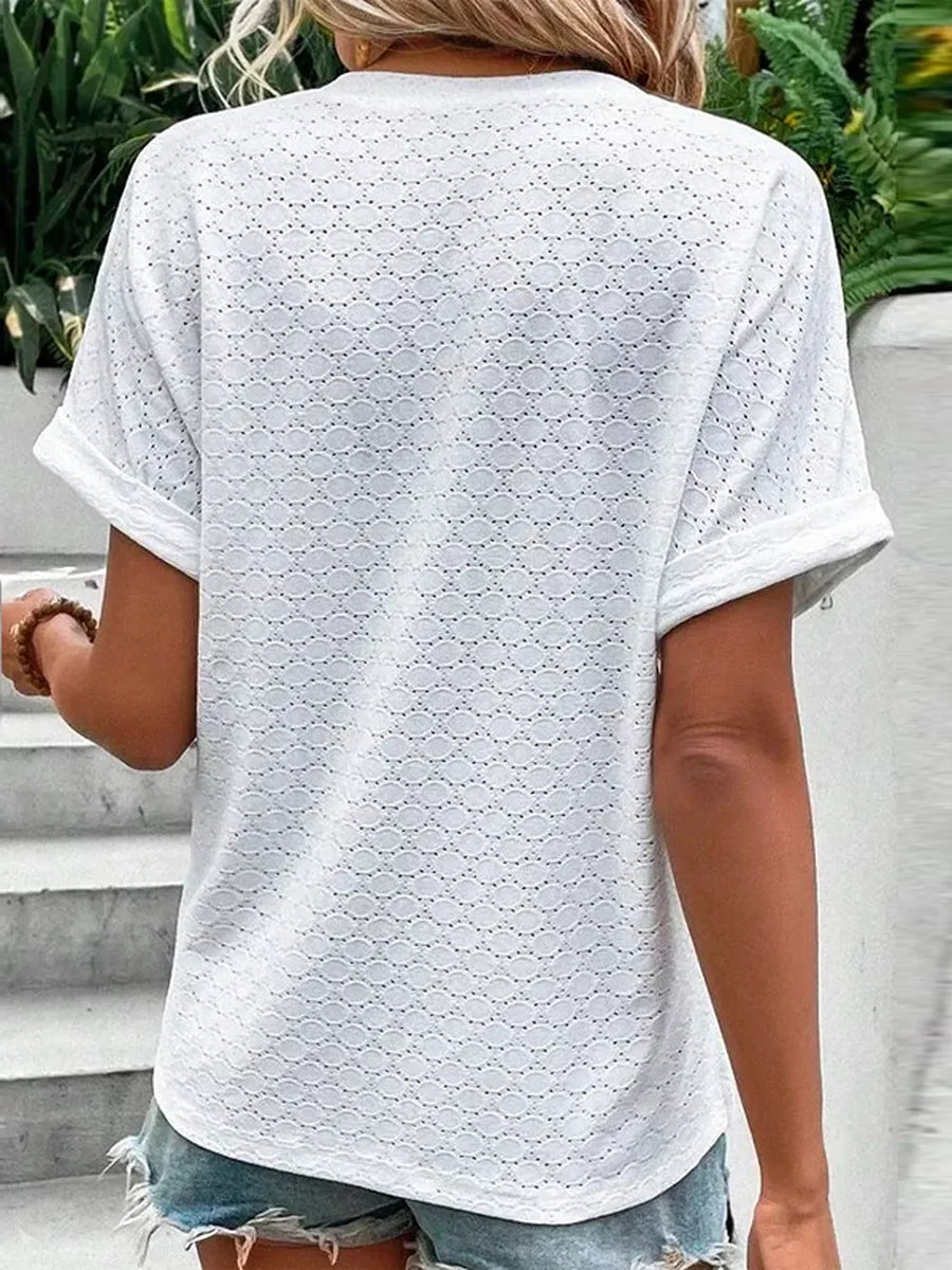 White Notched Short Sleeve Top