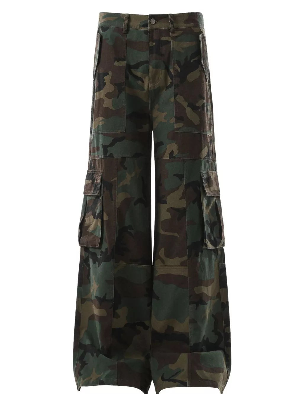 Men's wide-leg cargo pants in bold camouflage print with multiple pockets.