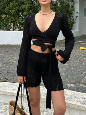 Openwork Long Sleeve Top And Shorts Set option 9