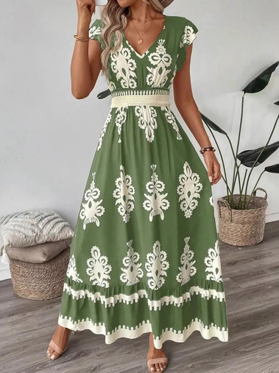 Ruffled Printed V-neck Maxi Dress in Black