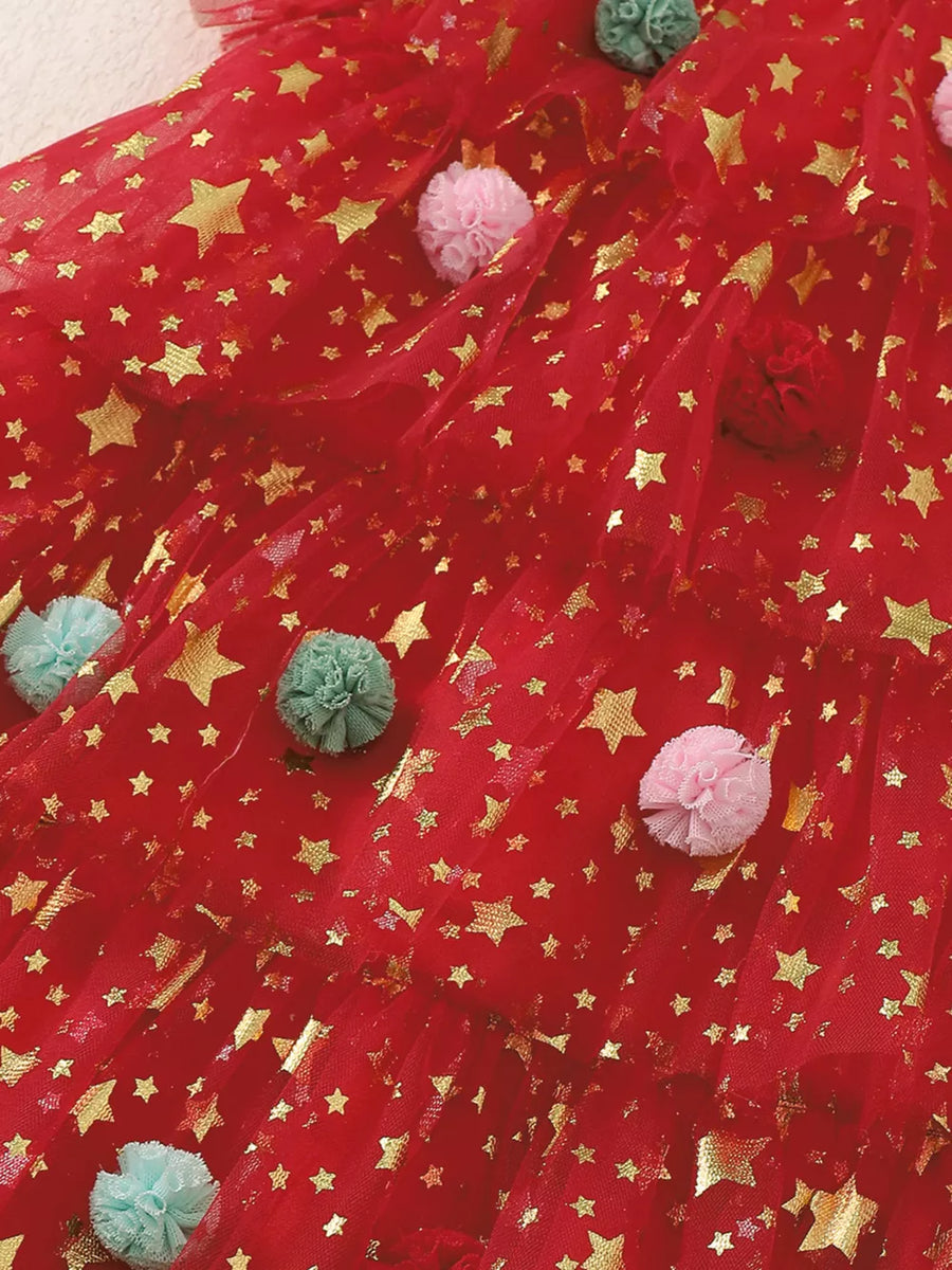 Red tulle baby dress with gold stars and colorful pom-poms