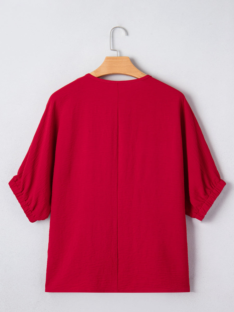 Deep red braided V-neck blouse with gathered half sleeves