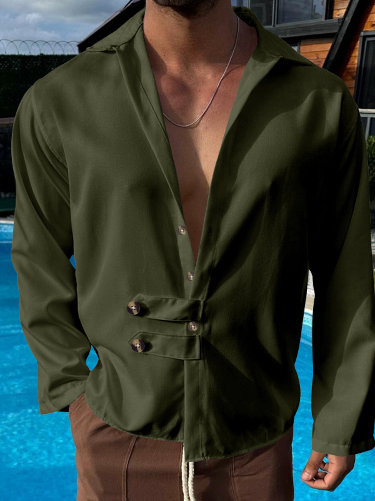 Men's long-sleeve military green button-down shirt with unique button detail