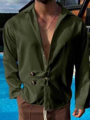 Men's long-sleeve military green button-down shirt with unique button detail