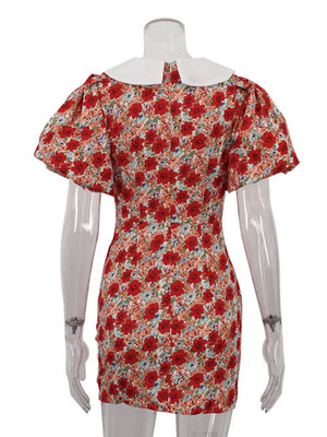 Red floral print dress with white collar and puff sleeves