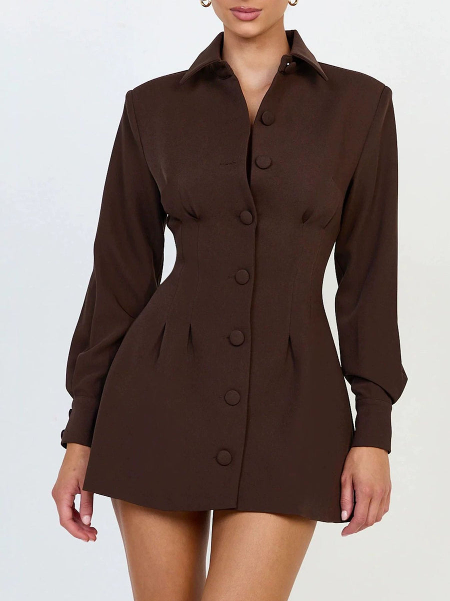 100% polyester Care instructions: Machine wash cold mini dress in Brown with fitted silhouette