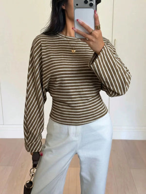 Casual Striped Long Sleeve Batwing T-Shirt in light pink