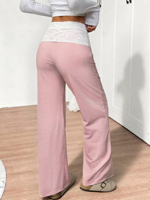 lounge pants in Pink with striped and lace trim