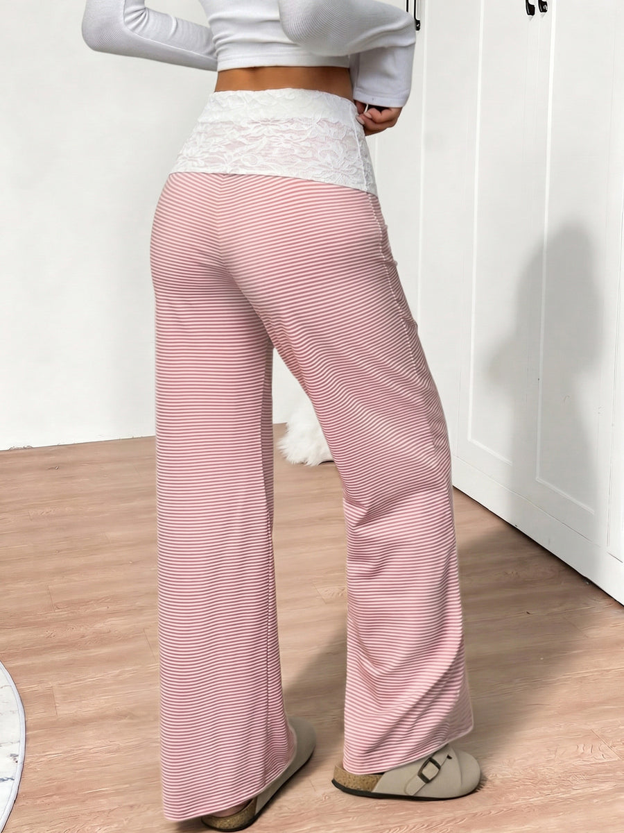 lounge pants in Pink with striped and lace trim