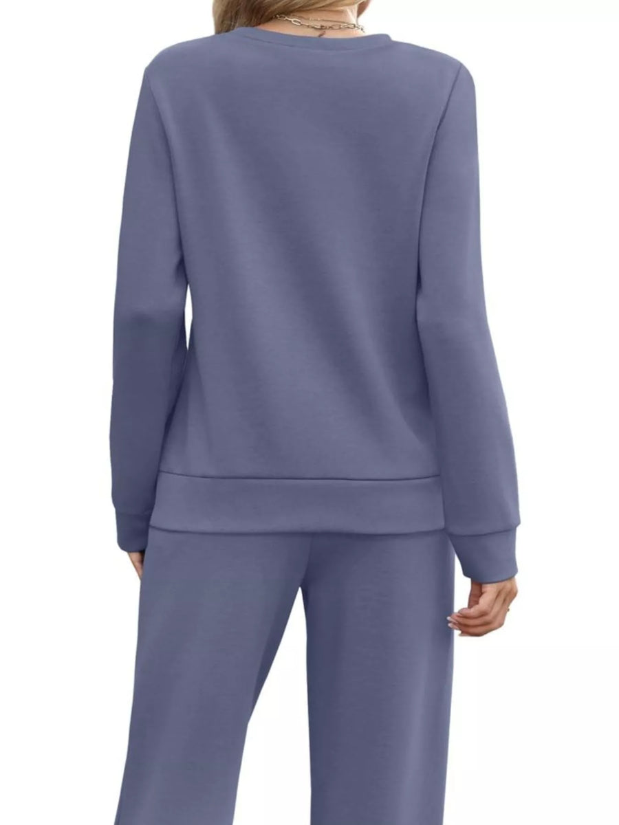Dusty blue casual long-sleeve top and pants set with drawstring waist