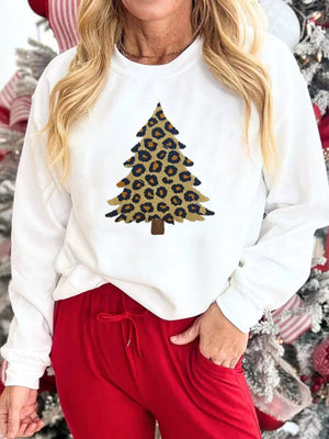 White drop shoulder sweatshirt with leopard print Christmas tree graphic