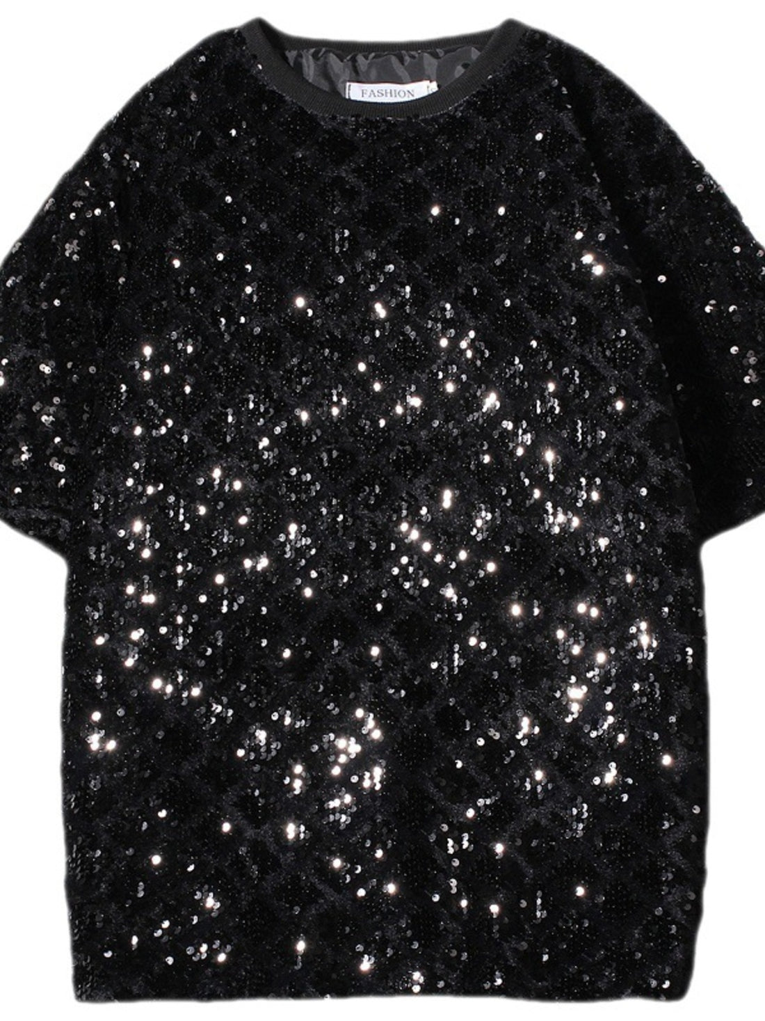Men's black sequin round neck t-shirt with short sleeves.