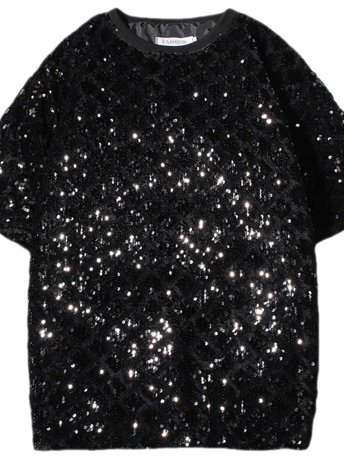 Men's black sequin round neck t-shirt with short sleeves.