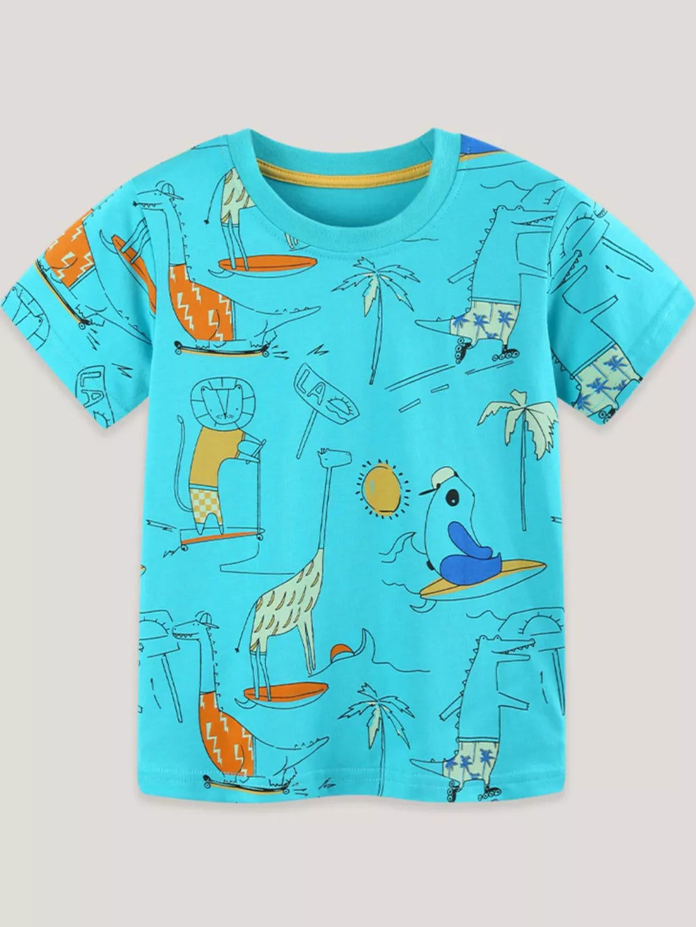 Aqua cotton t-shirt with playful cartoon animals surfing and skateboarding print.