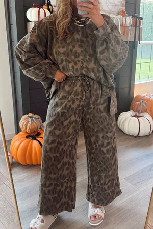 pajama set in tan with leopard-print and pocketed
