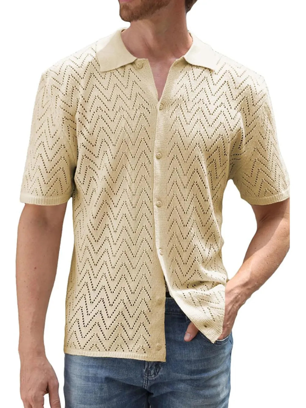 Beige knit polo shirt with chevron pattern, short sleeves, and button front.