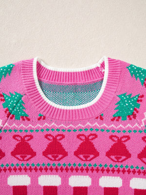 pullover sweater in red with graphic and stretch