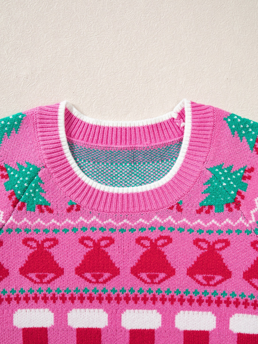 pullover sweater in red with graphic and stretch