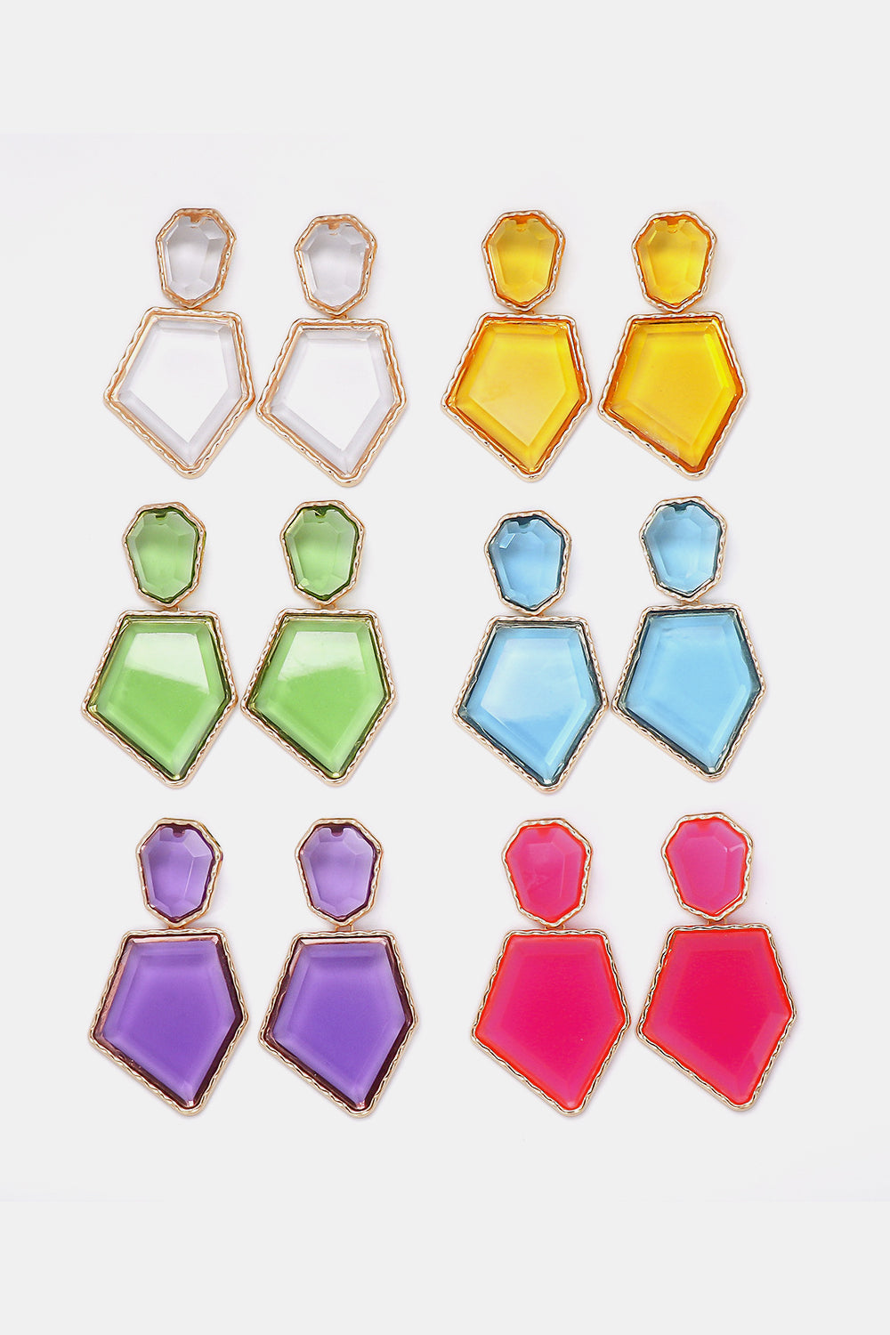 Resin facet drop earrings with gold trim in white, yellow, green, blue, purple, and hot pink.