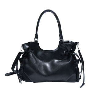 Drawstring PU Leather Shoulder Bag in Black