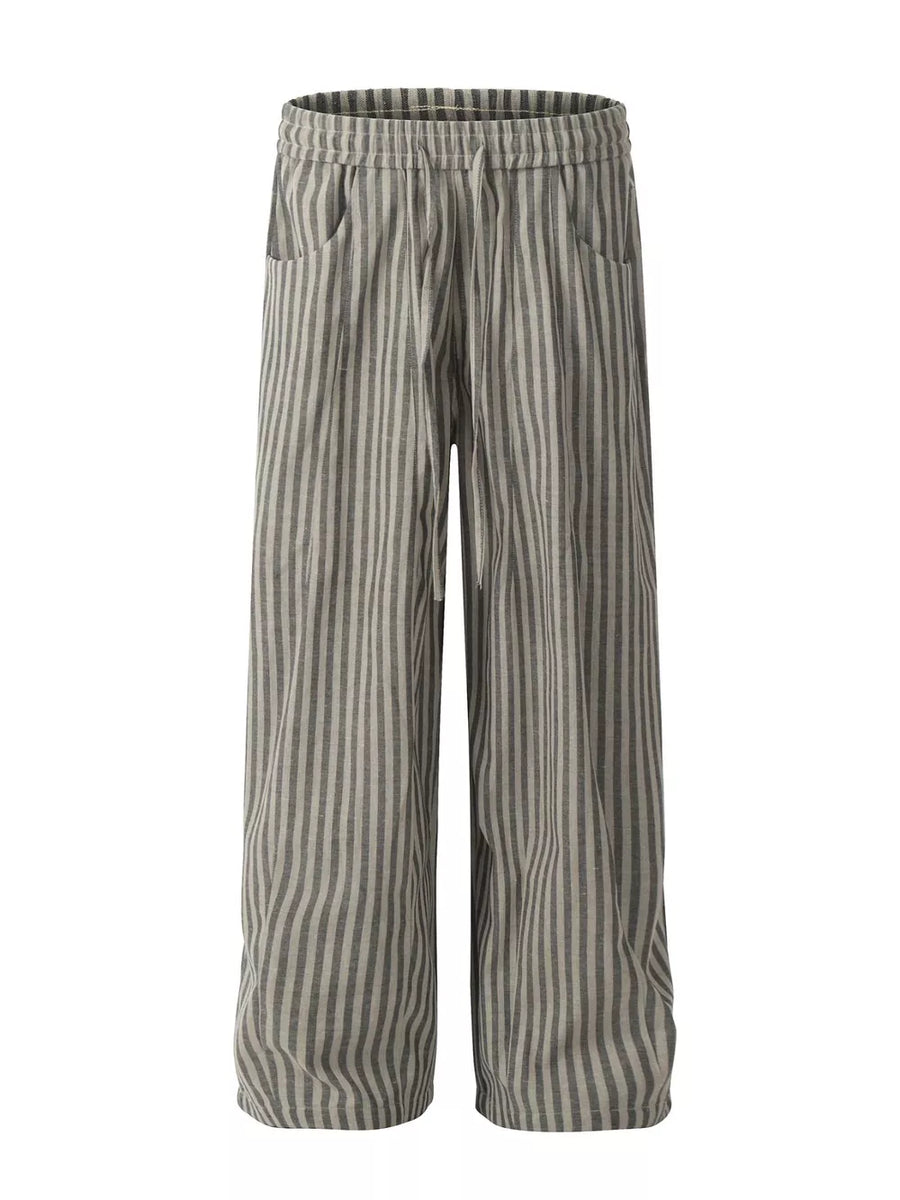 Gray striped drawstring sweatpants for men with pockets, cotton blend.