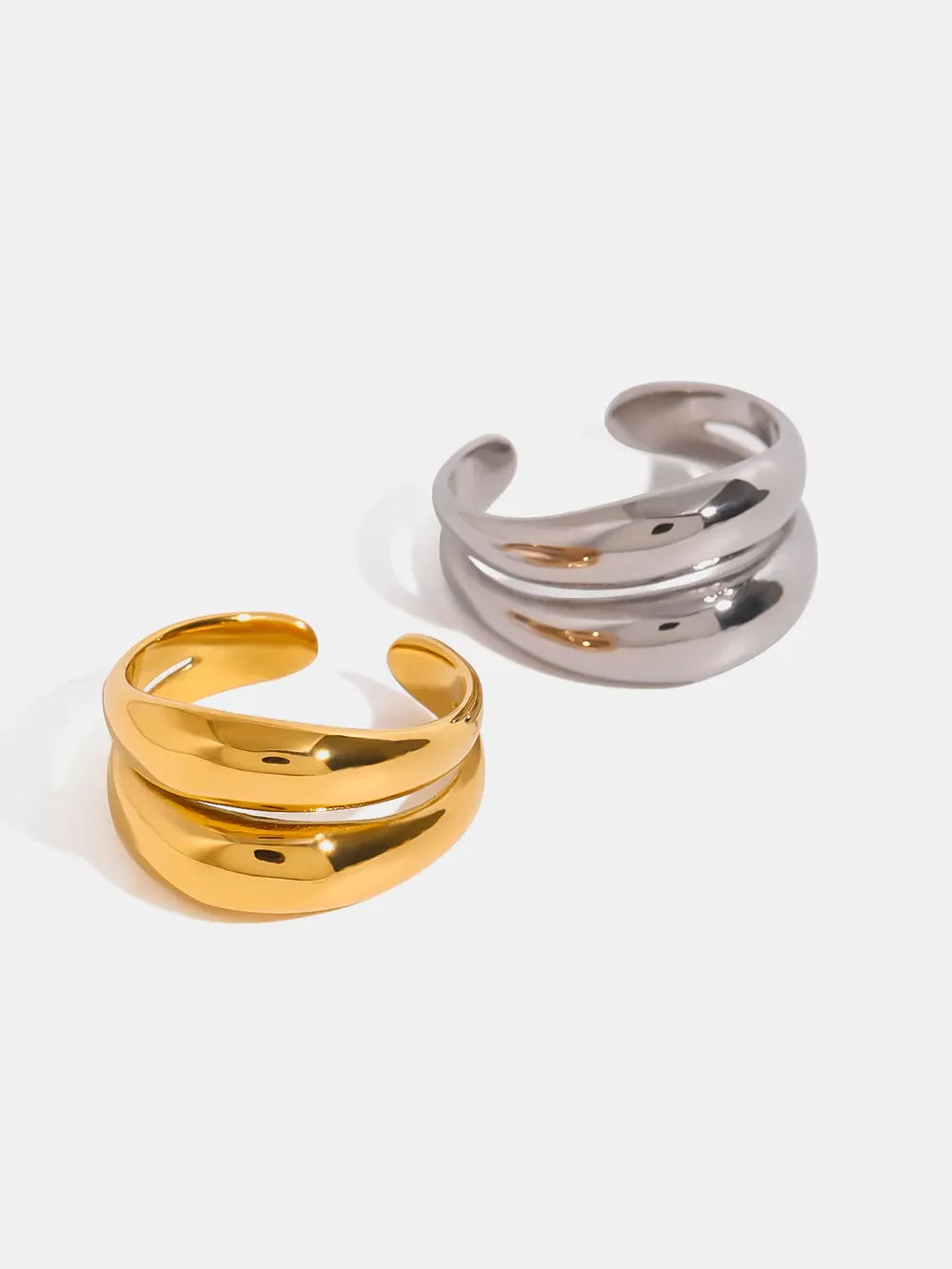 Double band open ring in gold and silver, adjustable statement ring